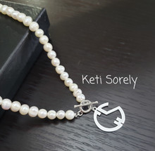 Freshwater Pearl Necklace with Modern Monogram Charm - Choose Your Metal
