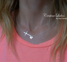 Sideways Cross Necklace with Initials in heart - Choose Metal