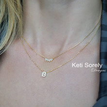 Layered Mini Single Initial  With Pearl Necklace  In Yellow Gold