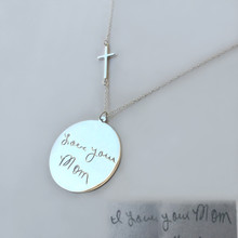 Sale! Round Disc Pendant with Cross, Engrave Your Handwriting Message.