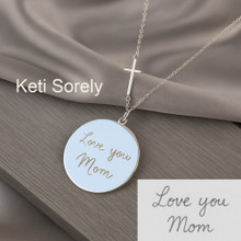 Engrave Your Handwriting Message On Round Medallion with Cross, Choose Metal.