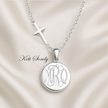 Hand Engraved Round Monogram Locket with Cross - Choose Your Metal