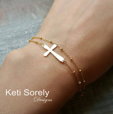 Sideways Cross Bracelet With Beaded Double Chain - Choose Your Metal