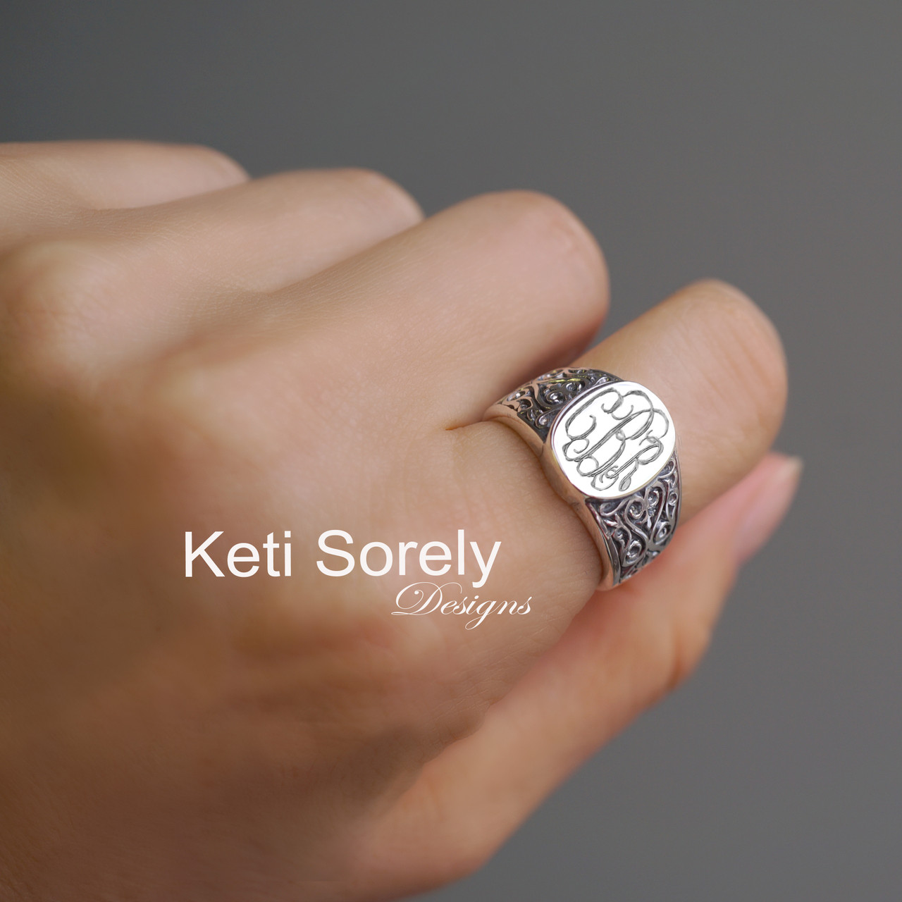 Personalized oval signet ring with swirly ornaments and engraved monogrammed  Initials - available in Sterling Silver, 10K gold, 14K gold or 18K gold