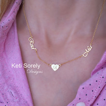 Swirly Names Necklace  With Engraved Heart - Choose Metal