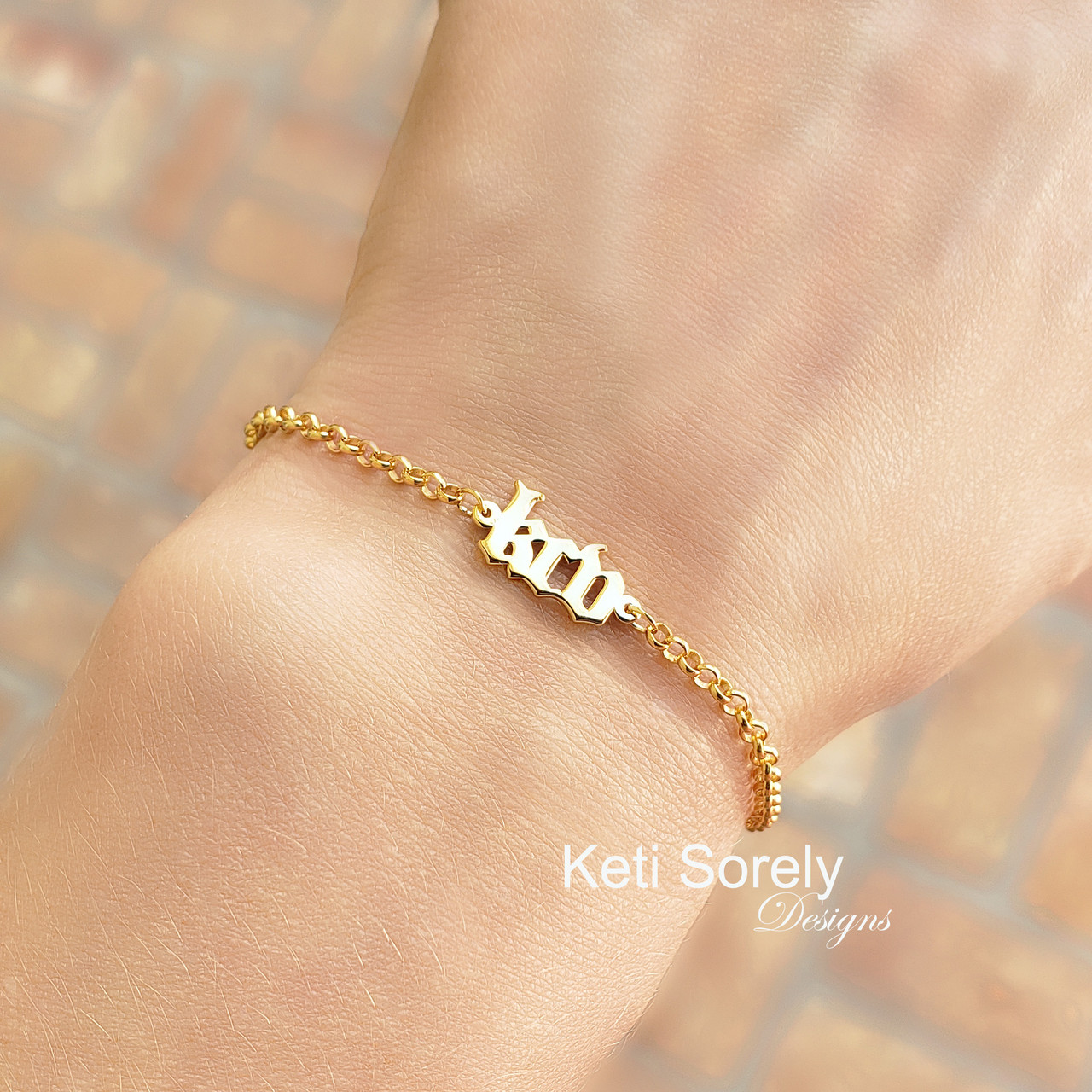 Mini initials bracelet handmade using Gothic letters in Sterling Silver or  solid karat gold.