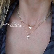 Layered Cross necklace with Engraved Heart Charm & Singapore Chain 