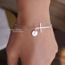Sideways Cross Bracelet With Figaro Chain & Your Initial  - Choose Your Metal