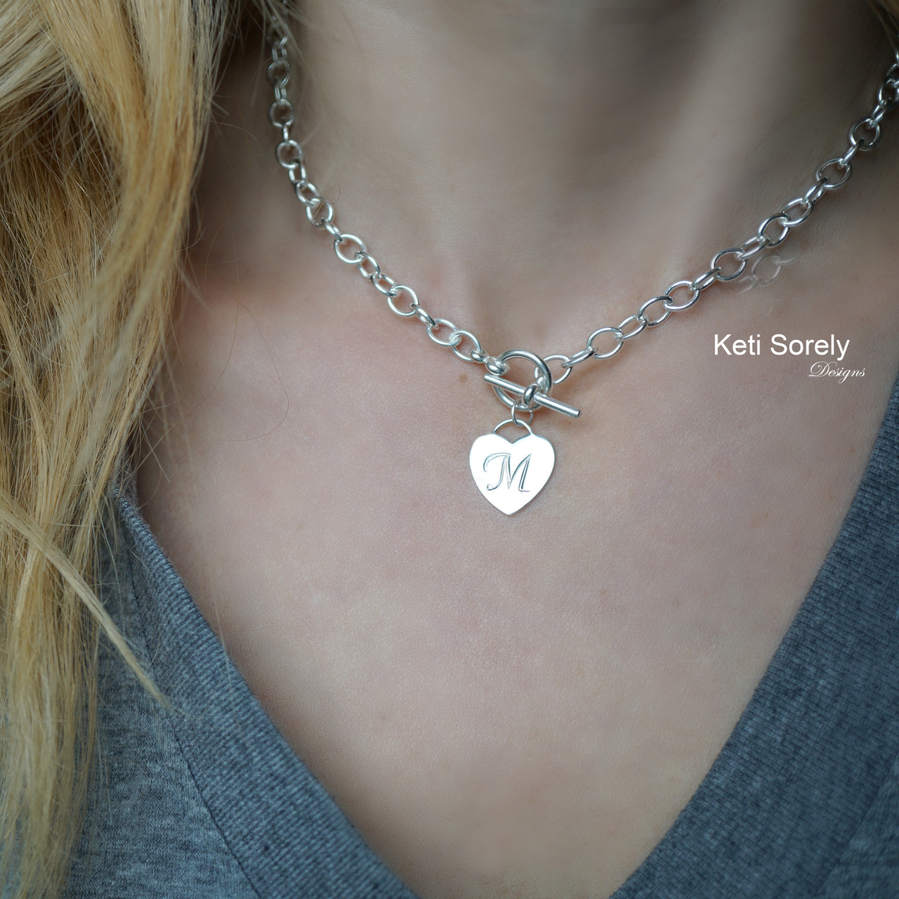 Heart Charm Silver Plated Monogram Link Necklace - HandPicked