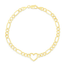 14K Solid Yellow Gold Heart Figaro Bracelet - Trendy Heart - Figaro Chain, Gold Heart Bracelet