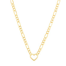 14K Solid Yellow Gold Heart Figaro Necklace - Trendy Heart - Figaro Chain, Gold Heart Necklace