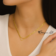 14K Solid Yellow Gold Heart Figaro Necklace - Trendy Heart - Figaro Chain, Gold Heart Necklace