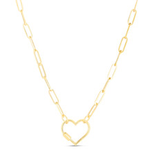 14K Solid Yellow Gold Paperclip Necklace with Carabiner Heart 