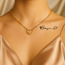 14K Solid Yellow Gold Paperclip Necklace with Carabiner Heart 