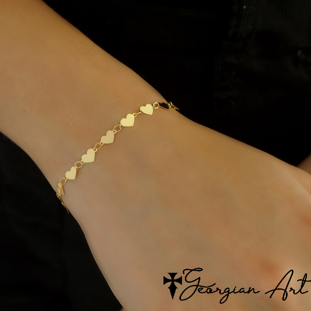 14K Solid Yellow Gold Mirrored Heart Bracelet - Love Bracelet