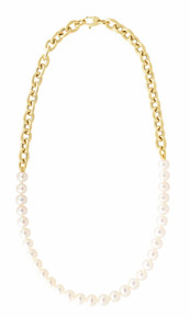 14K Solid Yellow Gold Freshwater Pearl Chain Link Necklace. Chunky Pearl Necklace - Freshwater Pearls - Yellow Gold