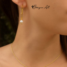 Paperclip Drop Earrings with Freshwater Pearl - Choose Metal