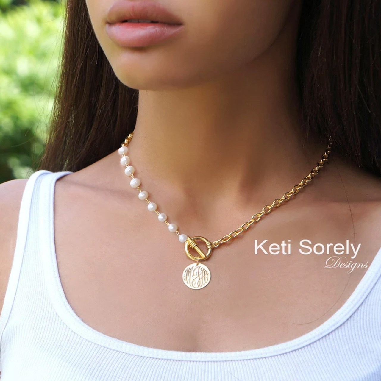 Natural pearls necklace combo with large link chain, toggle clasp