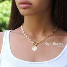 Natural Pearls Necklace With Engraved Disc, Large Chain & Toggle Clasp
