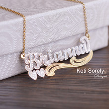 Two Tone Name Necklace with Diamond Beading & Hearts