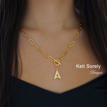 Large Initial Necklace with Paperclip Chain In Yellow gold