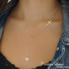 Cross Lariat Necklace with Heart - Choose Metal: Sterling Silver or Solid Karat Gold