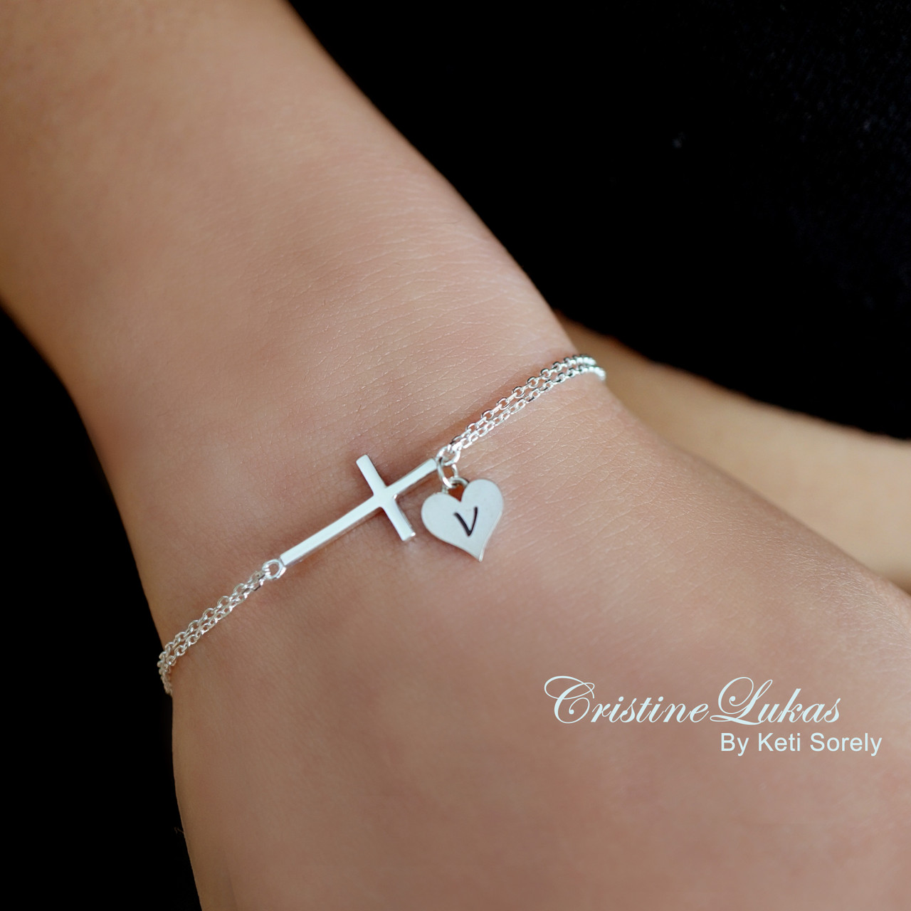 Sideways cross bracelet with your desired initial engraved on mini