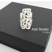 Large Vertical Initials Ring With Engraving Pattern - Choose Metal