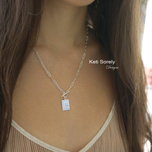 Custom Made Rectangle charm Necklace with Engraved Monogram Initials & Paperclip Chain