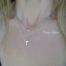 Layered Cross necklace with Birthstone & Singapore Chain 