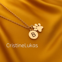 Dainty Paw Print Charm Necklace With Personalized Initial in Sterling Silver or Solid Karat Gold 10K, 14K or 18K - Dog's Paw Necklace, Pet Necklace