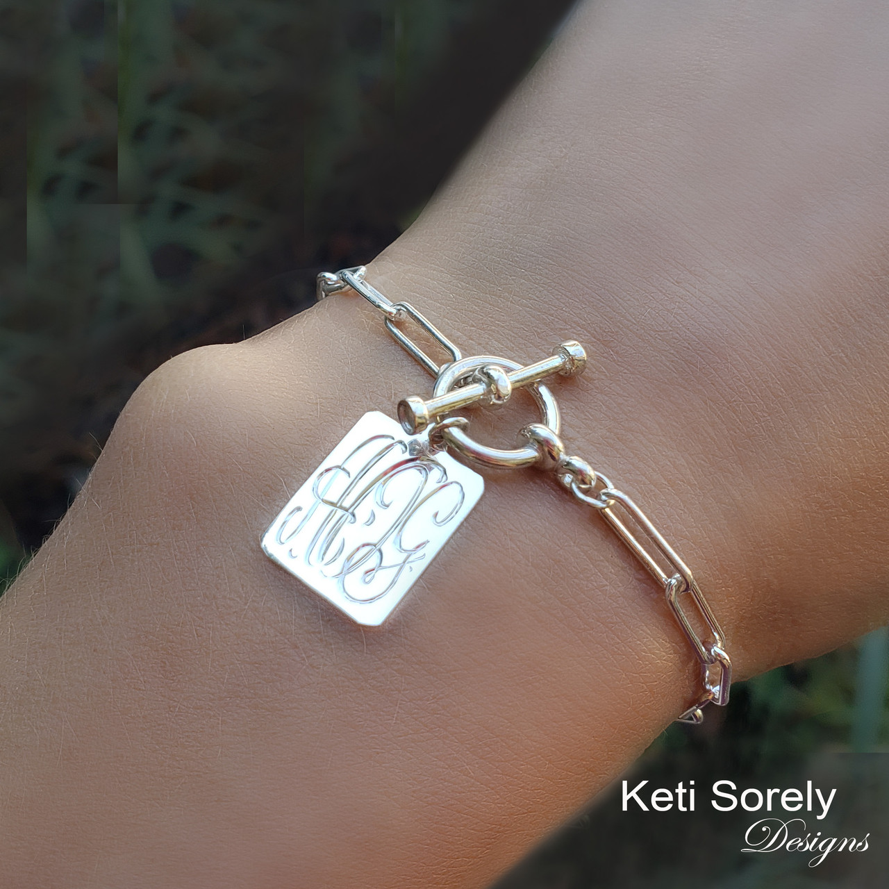 Custom Engraved bracelet with rectangle monogram charm, toggle clasp and  Paperclip chain in Sterling Silver, Yellow Gold or Rose Gold.