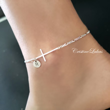 Sideways Cross Anklet with Figaro Chain $& Personalized Initial - Choose Metal