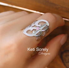 Personalized Birthstone Initial Ring With Engraving Pattern - Choose Metal