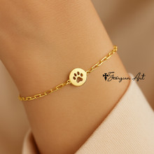 Paw Print Bracelet with Sturdy Paperclip Chain With Personalized Heart Charm