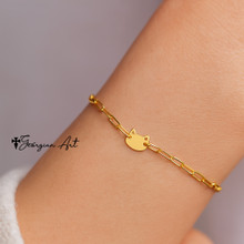 14K Solid Yellow Gold Kitty Cat Bracelet For Girl with Sturdy Paperclip Chain - "Mommy Loves You" Heart Message Charm.