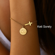 Personalized Cross Bracelet with Monogrammed Engraved Disc - Choose Your Metal