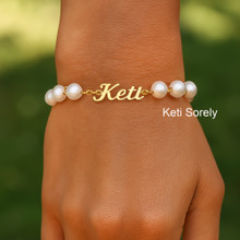 Personalized Name Bracelet with Cultured White Pearls, Choose Your Metal