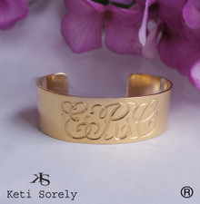 Personalized Designer Cuff Bangle with  Engraved Script Initials - Gold