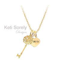 Monogrammed Initials Key Pendant with Heart Charm  - Silver with Yellow Gold