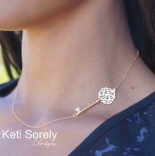 Sideways Key Necklace With Monogrammed Initials - Yellow, Rose or White Gold