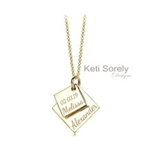 Engraved Square Charm Necklace With Names - Choose Metal 
