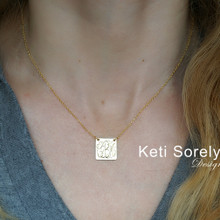 Hand Engraved Square Monogram Necklace  - Yellow Gold
