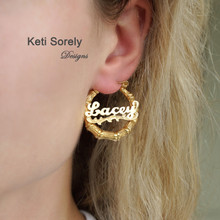 Celebrity Style Bamboo Name Earrings with Yellow or Rose Gold