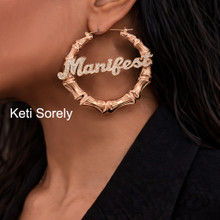 Celebrity Style Bling Bamboo Name Earrings with Diamond Imittation