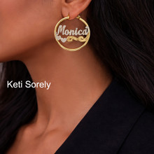 Hoop Name Earrings with Diamond Beading & Hearts - Two Tone