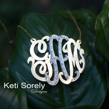 Monogram Necklace with CZ Stones - Two Tone - Solid Gold or Sterling Silver