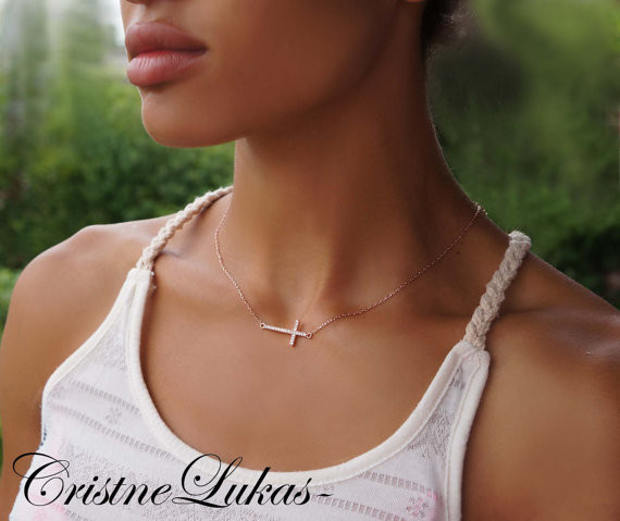 Celebrity style sideways cross necklace with cubic Zirconia stones