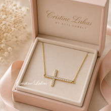 Sideways Cross Necklace with CZ Stones in Solid Gold