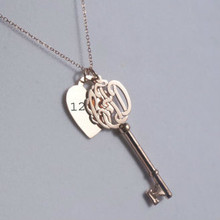 Monogrammed Initials Key Pendant with Engraved Heart & Lock Charm  - Yellow, Rose or White Gold 